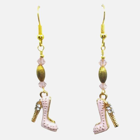 Artisan Stiletto Shoe Charm Earrings Soft Pink Dangle Vintage Beads Swarovski - Picture 1 of 8